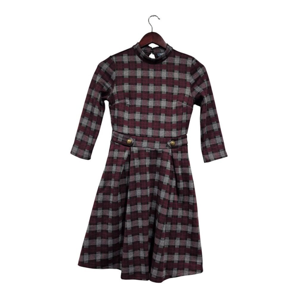 ModCloth Proudest Moments Plaid Fit And Flare Dress Maroon Gray Buttons Sz XS